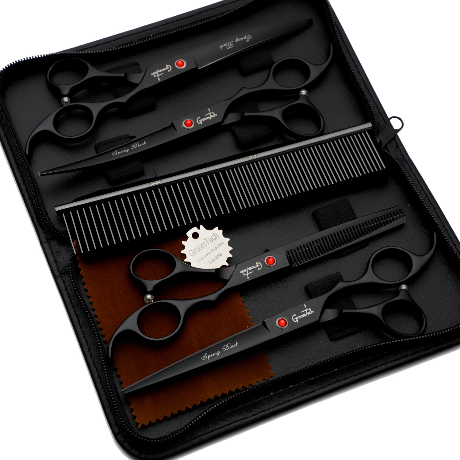 Groomtech Spring Black Pet Grooming Scissors Kit, Set Of 4 With Comb - Image 2